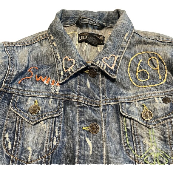 Vintage 90s Lucky Legend Denim Jacket Embroidered Hippie Patches Made In USA S - Picture 3 of 16